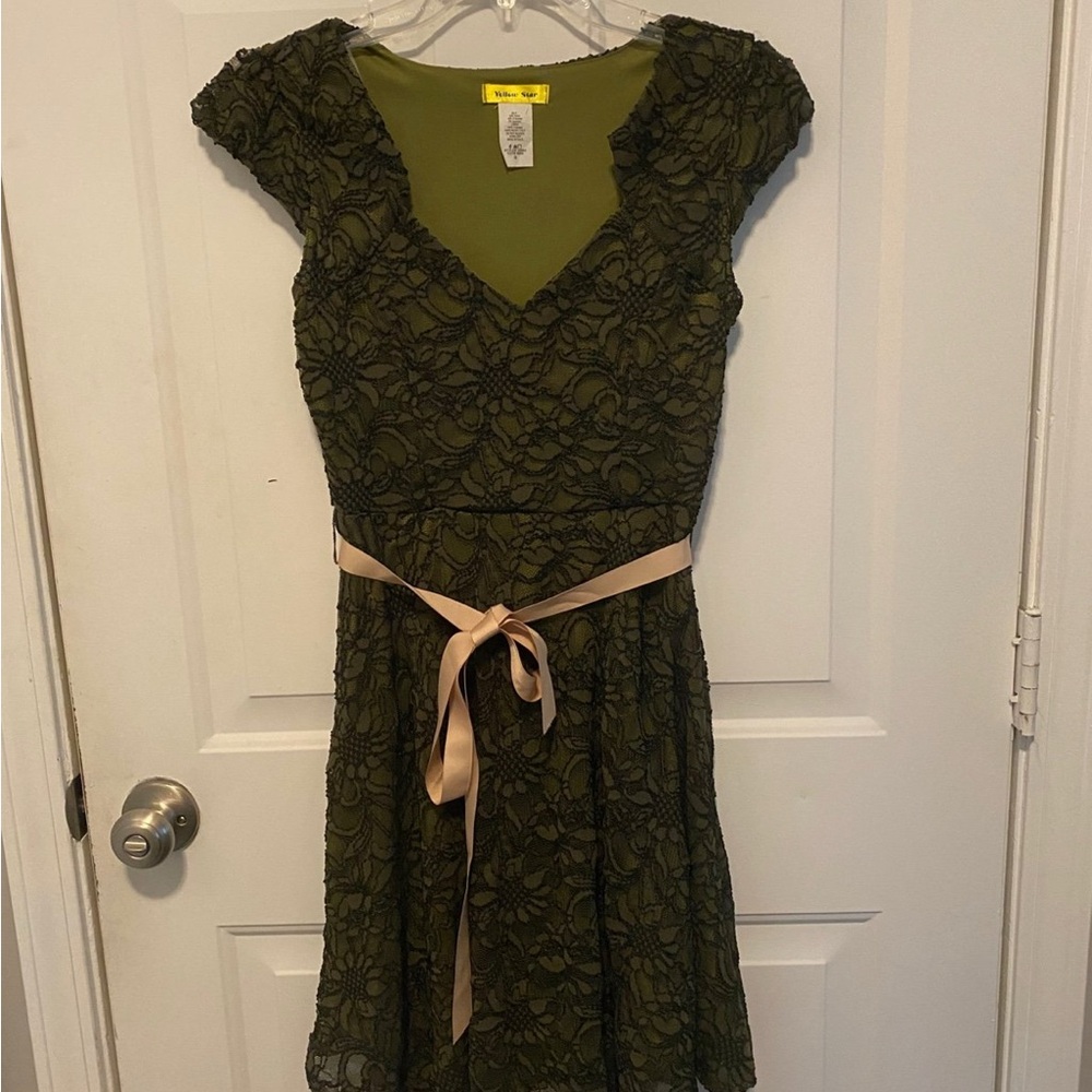 Elegant Olive Lace Dress with Satin Belt